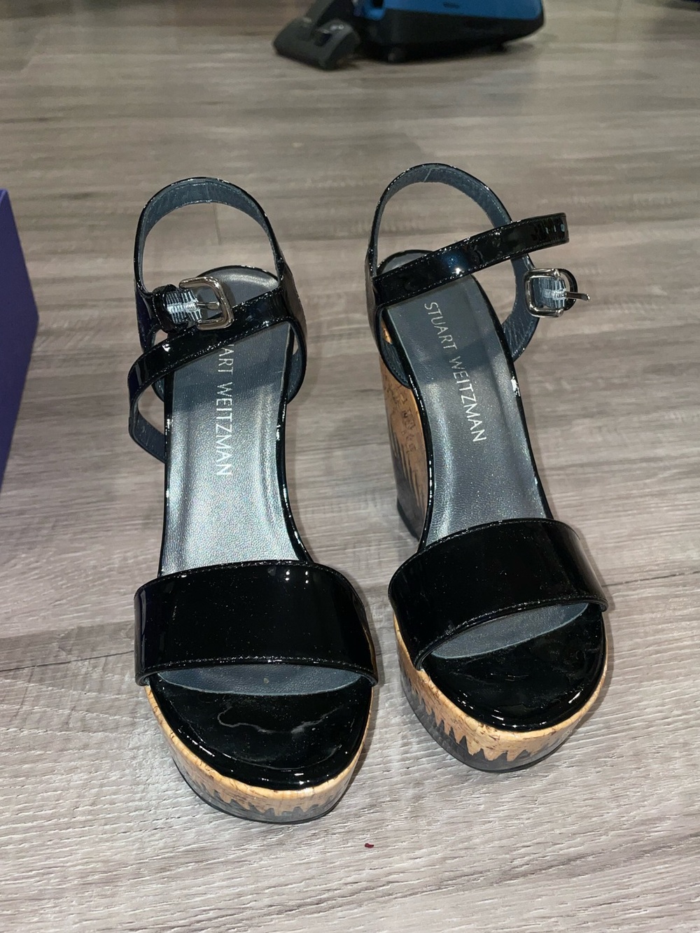 Stuart Weitzman Black Patent Cork Platform Wedge Sandals - Picture 3 of 9